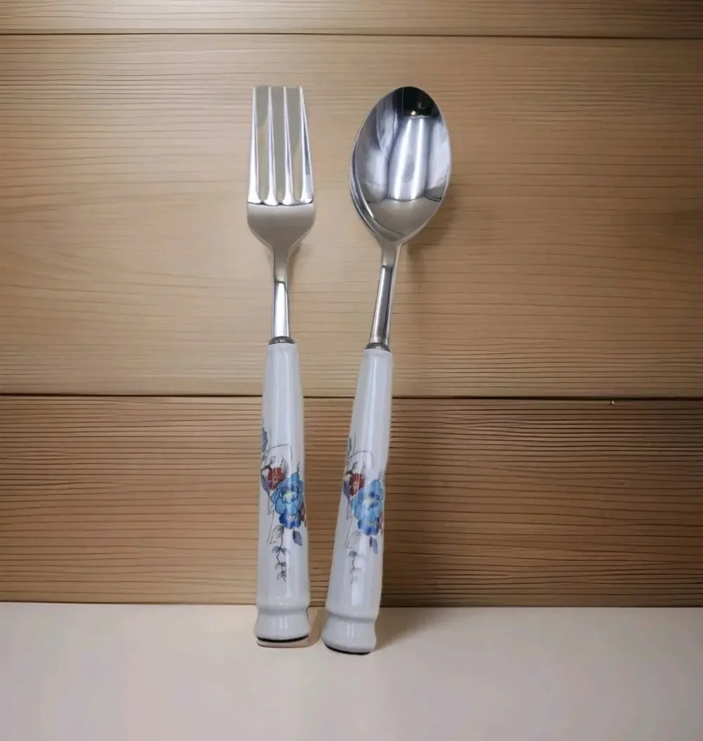 Set 2 Noritake BLEUFLEUR Stainless Floral Japan Cold Meat Fork & Serving Spoon